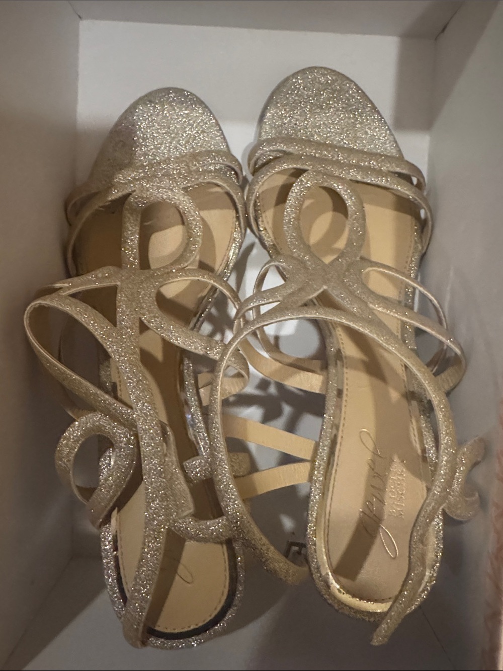 Badgley Mischka Gold Glitter Strappy Heels